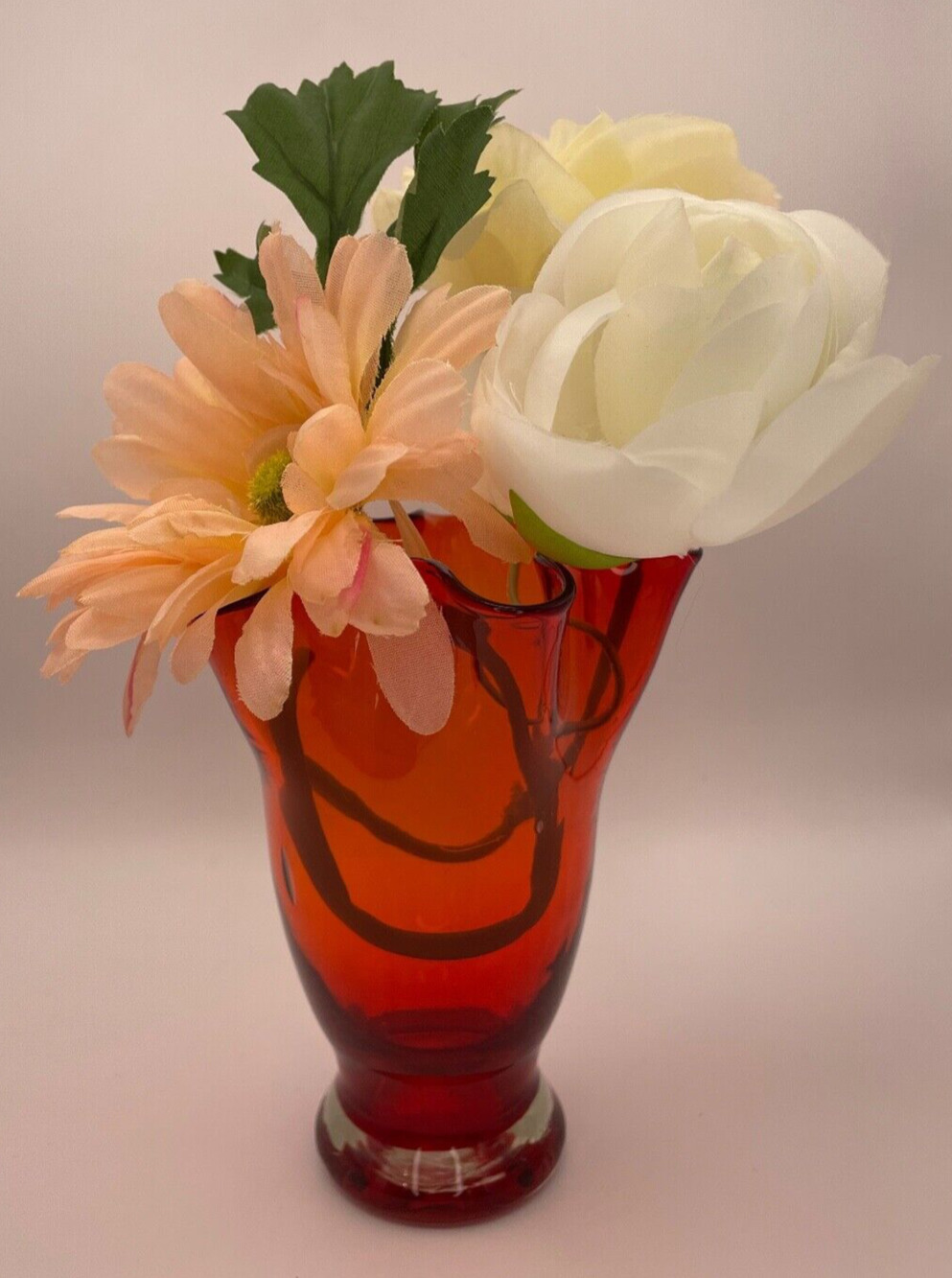 Vintage Red Orange Handkerchief Glass Vase Pre-owned